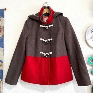 Old Navy Women M Hooded Toggle Coat zip brown Red Wool Blend boho anime whimsy